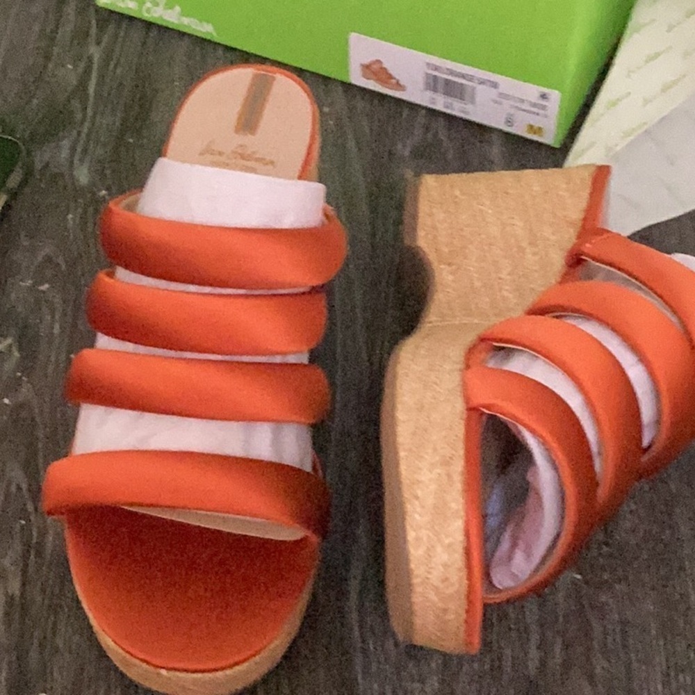 NIB Sam Edelman Size 8 Yuki Platform Wedge‎ Orange Satin Sandals - Picture 2 of 5